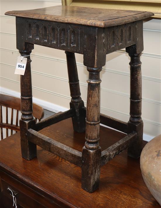 A 17th century style oak high stool W.46cm